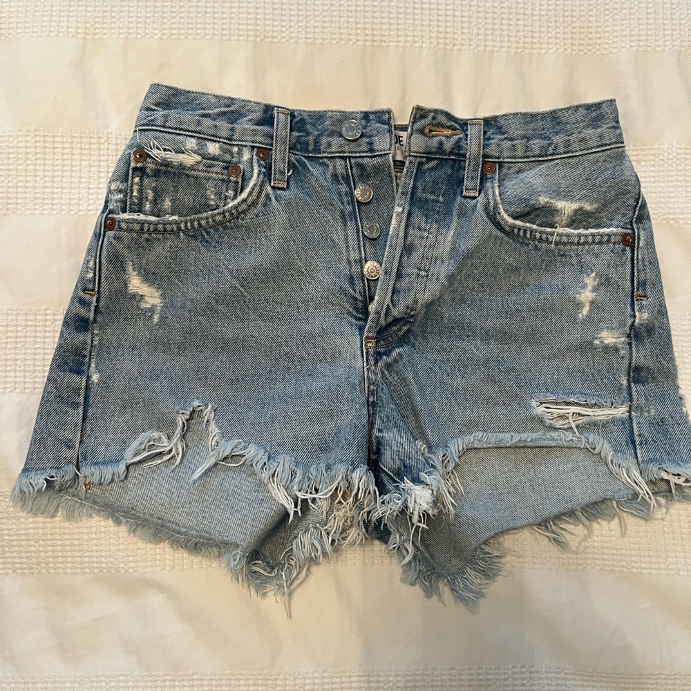 AGOLDE Light Blue Distressed Button-Fly Denim Shorts